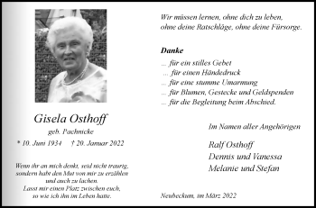 Traueranzeige von Gisela Osthoff von Die Glocke