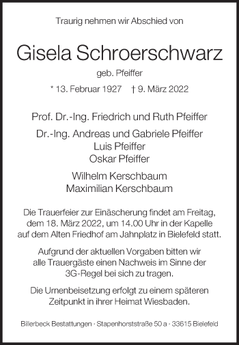 Traueranzeige von Gisela Schroerschwarz von Die Glocke