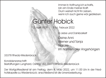 Traueranzeige von Günter Hobick von Die Glocke