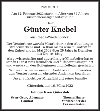 Traueranzeige von Günter Knebel von Die Glocke