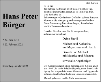 Traueranzeige von Hans Peter Bürger von Die Glocke