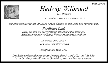 Traueranzeige von Hedwig Wilbrand von Die Glocke