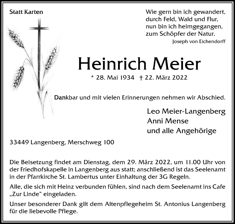  Traueranzeige für Heinrich Meier vom 26.03.2022 aus Die Glocke