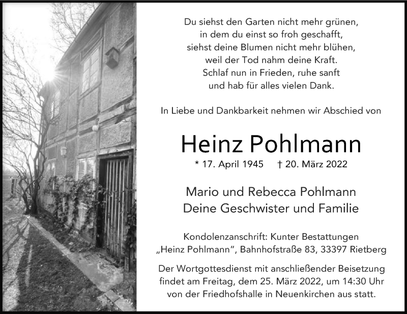  Traueranzeige für Heinz Pohlmann vom 23.03.2022 aus Die Glocke