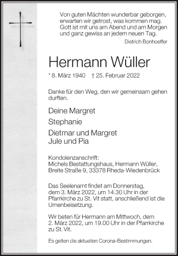 Traueranzeige von Hermann Wüller von Die Glocke