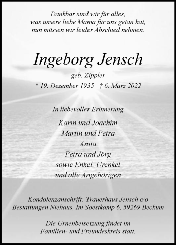 Traueranzeige von Ingeborg Jensch von Die Glocke