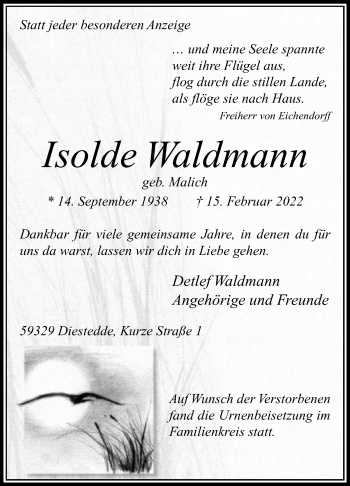 Traueranzeige von Isolde Waldmann von Die Glocke