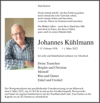 Traueranzeige von Johannes Kühlmann von Die Glocke