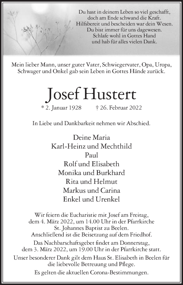  Traueranzeige für Josef Hustert vom 02.03.2022 aus Die Glocke