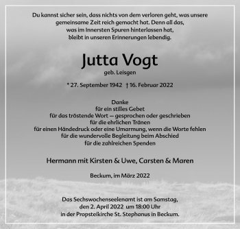 Traueranzeige von Jutta Vogt von Die Glocke