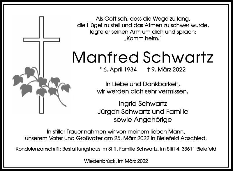  Traueranzeige für Manfred Schwartz vom 26.03.2022 aus Die Glocke