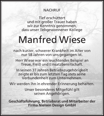 Traueranzeige von Manfred Wiese von Die Glocke
