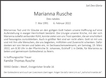 Traueranzeige von Marianna Rusche von Die Glocke