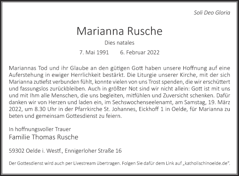  Traueranzeige für Marianna Rusche vom 12.03.2022 aus Die Glocke