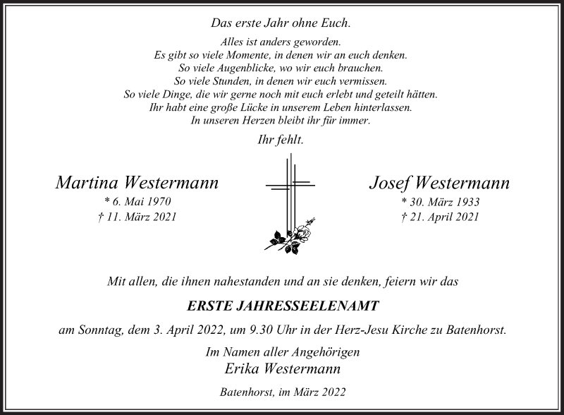  Traueranzeige für Martina Westermann vom 26.03.2022 aus Die Glocke