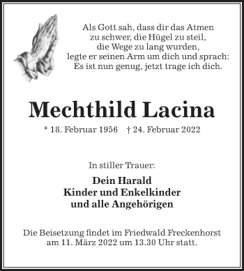 Traueranzeige von Mechthild Lacina von Die Glocke