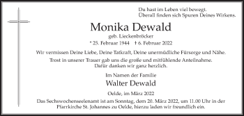 Traueranzeige von Monika Dewald von Die Glocke