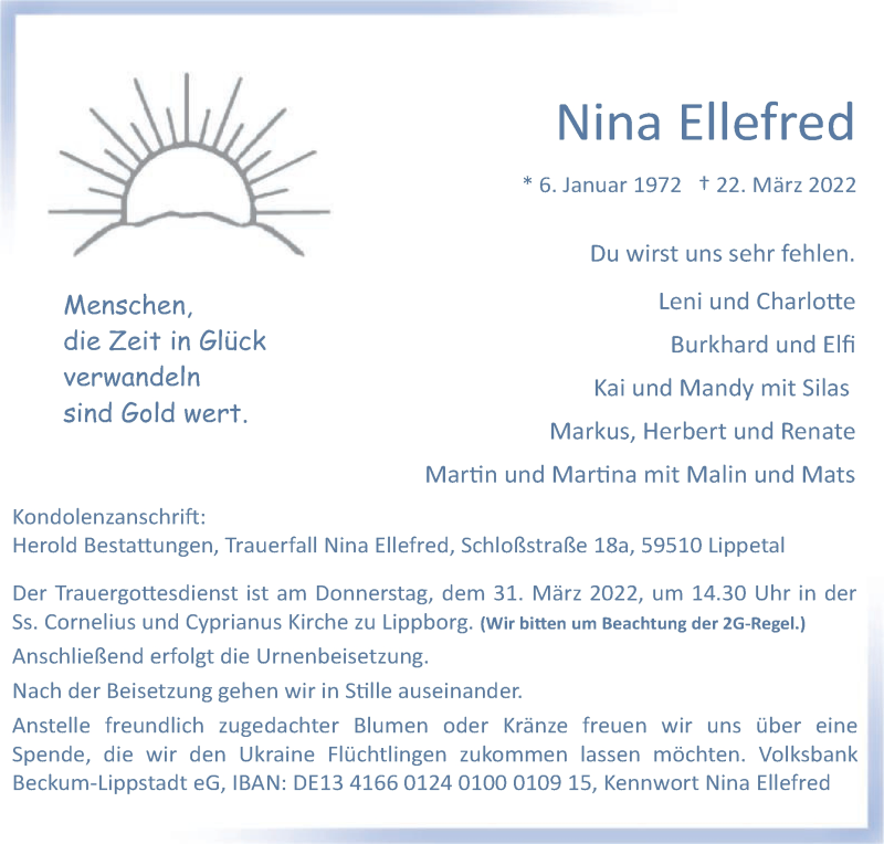  Traueranzeige für Nina Ellefred vom 26.03.2022 aus Die Glocke