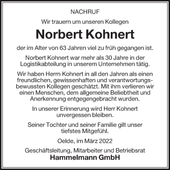 Traueranzeige von Norbert Kohnert von Die Glocke