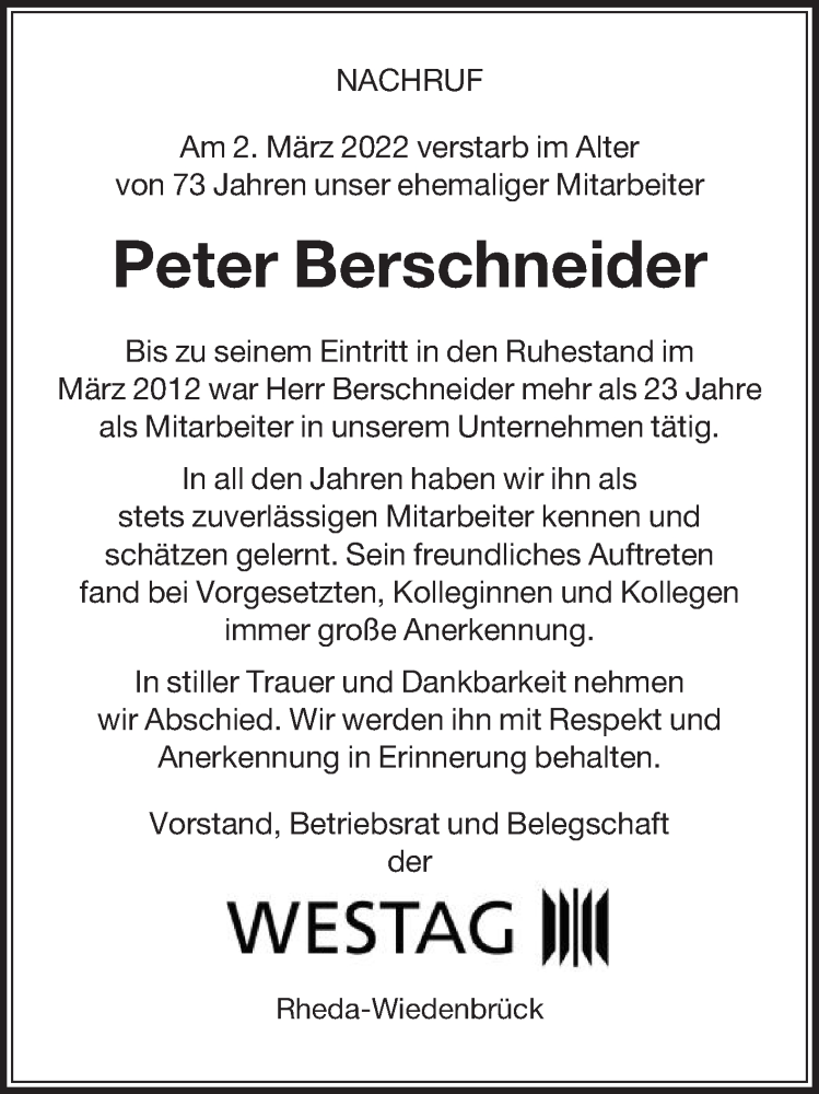  Traueranzeige für Peter Berschneider vom 21.03.2022 aus Die Glocke