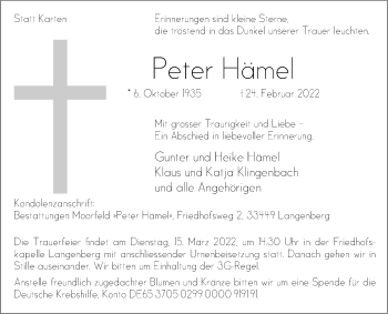 Traueranzeige von Peter Hämel von Die Glocke