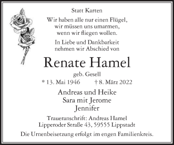 Traueranzeige von Renate Hamel von Die Glocke