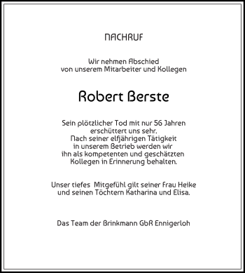 Traueranzeige von Robert Berste von Die Glocke