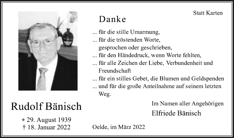  Traueranzeige für Rudolf Bänisch vom 09.03.2022 aus Die Glocke