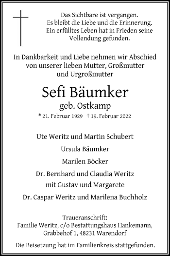 Traueranzeige von Sefi Bäumker von Die Glocke