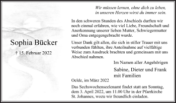 Traueranzeige von Sophia Bücker von Die Glocke