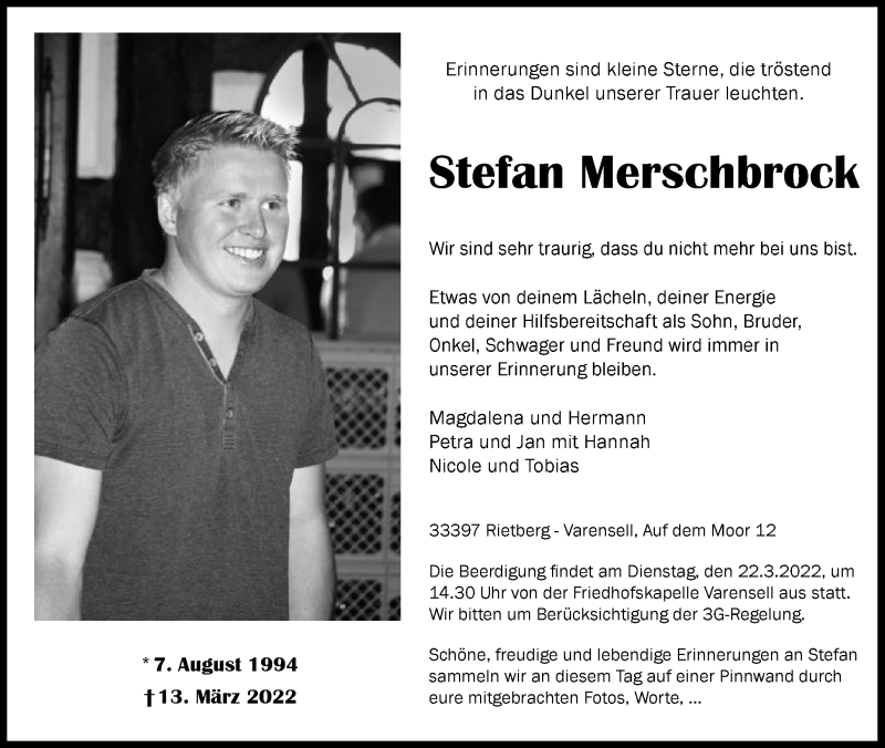  Traueranzeige für Stefan Merschbrock vom 19.03.2022 aus Die Glocke