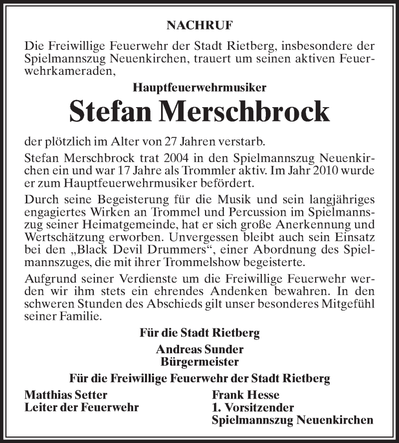  Traueranzeige für Stefan Merschbrock vom 19.03.2022 aus Die Glocke