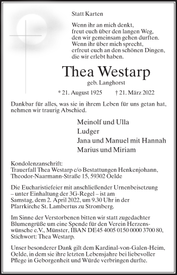 Traueranzeige von Thea Westarp von Die Glocke