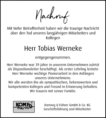 Traueranzeige von Tobias Werneke von Die Glocke