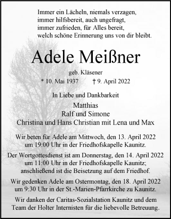 Traueranzeige von Adele Meißner von Die Glocke