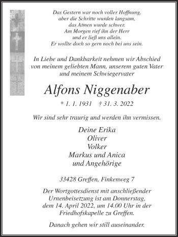 Traueranzeige von Alfons Niggenaber von Die Glocke