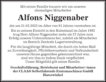 Traueranzeige von Alfons Niggenaber von Die Glocke