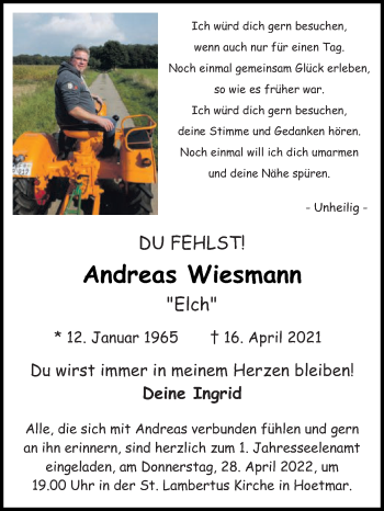Traueranzeige von Andreas Wiesmann von Die Glocke