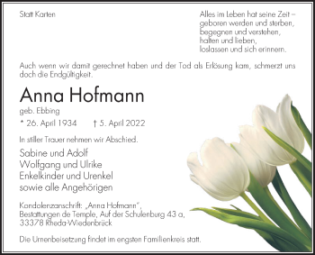 Traueranzeige von Anna Hofmann von Die Glocke