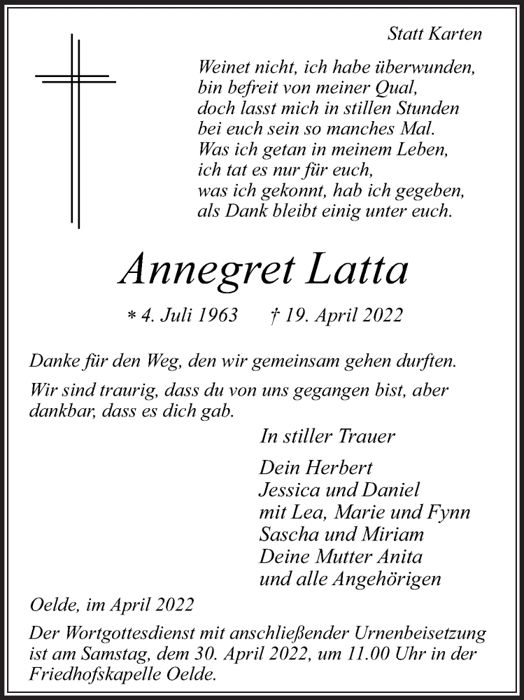  Traueranzeige für Annegret Latta vom 23.04.2022 aus Die Glocke