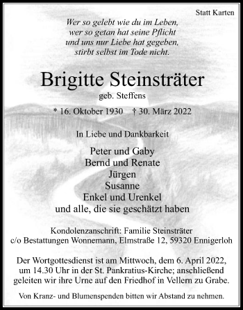 Traueranzeige von Brigitte Steinsträter von Die Glocke