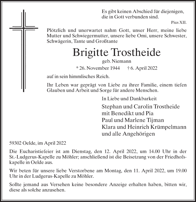  Traueranzeige für Brigitte Trostheide vom 09.04.2022 aus Die Glocke