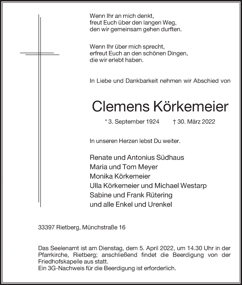  Traueranzeige für Clemens Körkemeier vom 02.04.2022 aus Die Glocke