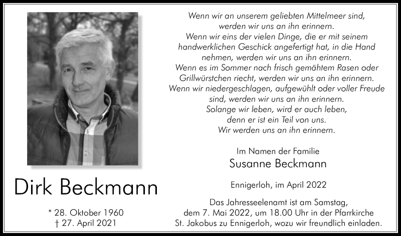  Traueranzeige für Dirk Beckmann vom 30.04.2022 aus Die Glocke