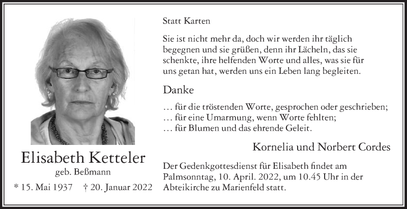  Traueranzeige für Elisabeth Ketteler vom 02.04.2022 aus Die Glocke