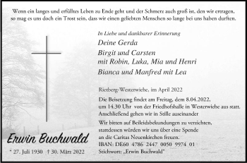Traueranzeige von Erwin Buchwald von Die Glocke