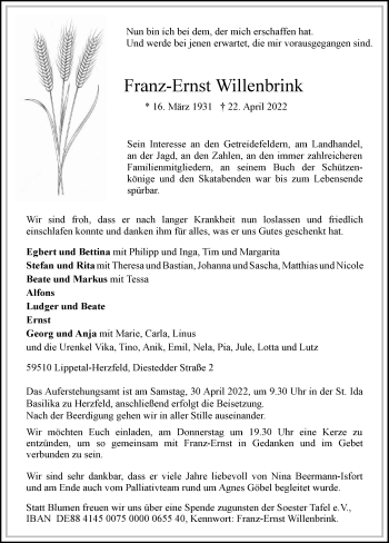 Traueranzeige von Franz-Ernst Willenbrink von Die Glocke