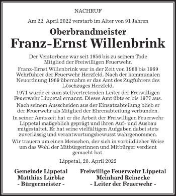 Traueranzeige von Franz-Ernst Willenbrink von Die Glocke