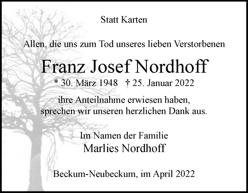  Traueranzeige für Franz Josef Nordhoff vom 30.04.2022 aus Die Glocke