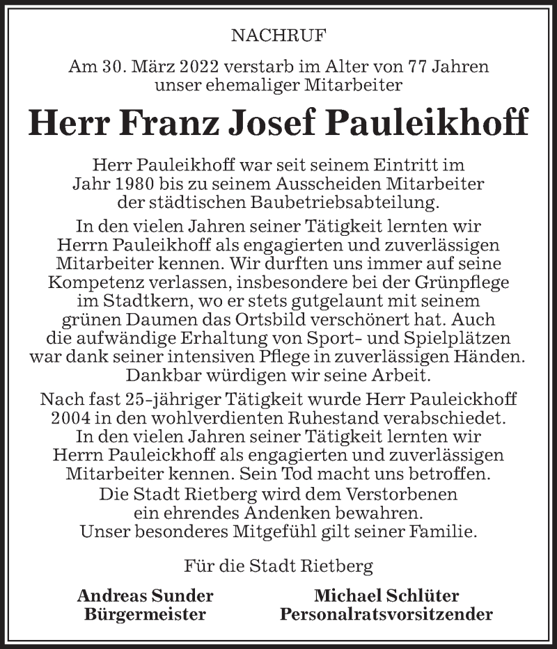  Traueranzeige für Franz Josef Pauleikhoff vom 06.04.2022 aus Die Glocke